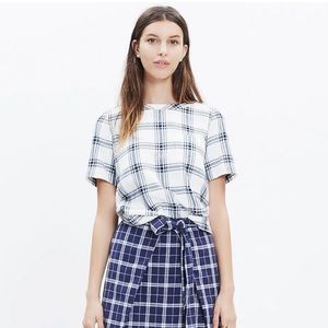 Madewell Plaid Button-Back top, Medium. Short-sleeves. Soft cotton blue/white.